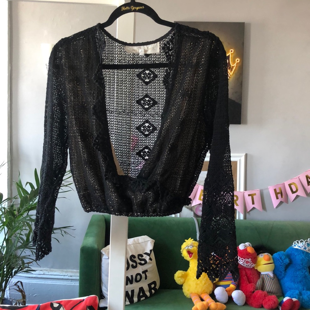 Jen’s pirate booty black lace crop top open cotton  dramatic sleeves size S